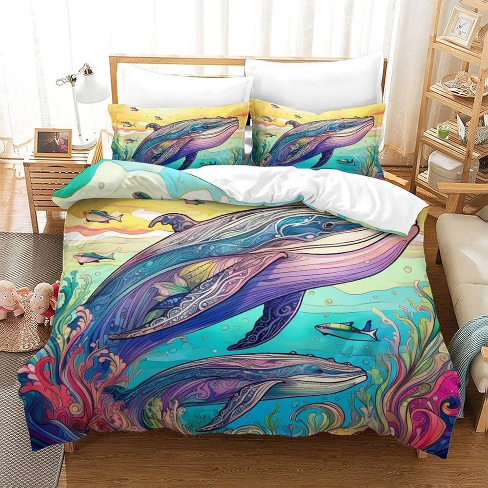 RUWMZXNQB 3D, Imprimé La Baleine Ensemble De Literie Microfibre Super Douce Et Respirante Housse De Couette 3 Pièces Et Taie d'oreiller King（220x240cm） : Cuisine et Maison