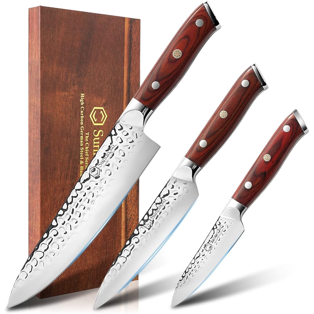 Sunnecko Couteaux de Cuisine Japonais 3pcs, Set Couteau Cuisine Professionnel en Acier Inoxydable Manche Pakkawood, Couteau Office Chef Viande Fruit Légume : Cuisine et Maison