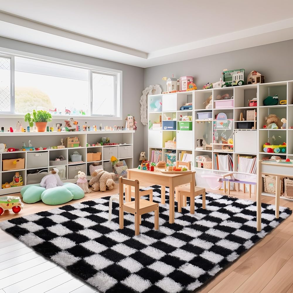 BYBSRLL Tapis à carreaux, 180 x 270 cm, noir et blanc, moelleux, pour salon, chambre à coucher, chambre à coucher ou d'enfant, doux : Cuisine et Maison