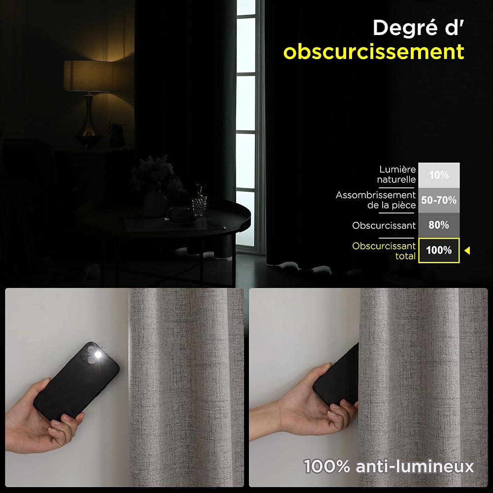 CUCRAF 100% Rideau occultant Thermiques 2 Pièces L140xH225, Rideau Lin Thermique Isolant Anti Froid et Chaleur Tenture Opaque à Oeillets Isolation Lumiere Anti UV Gris Clair : Cuisine et Maison