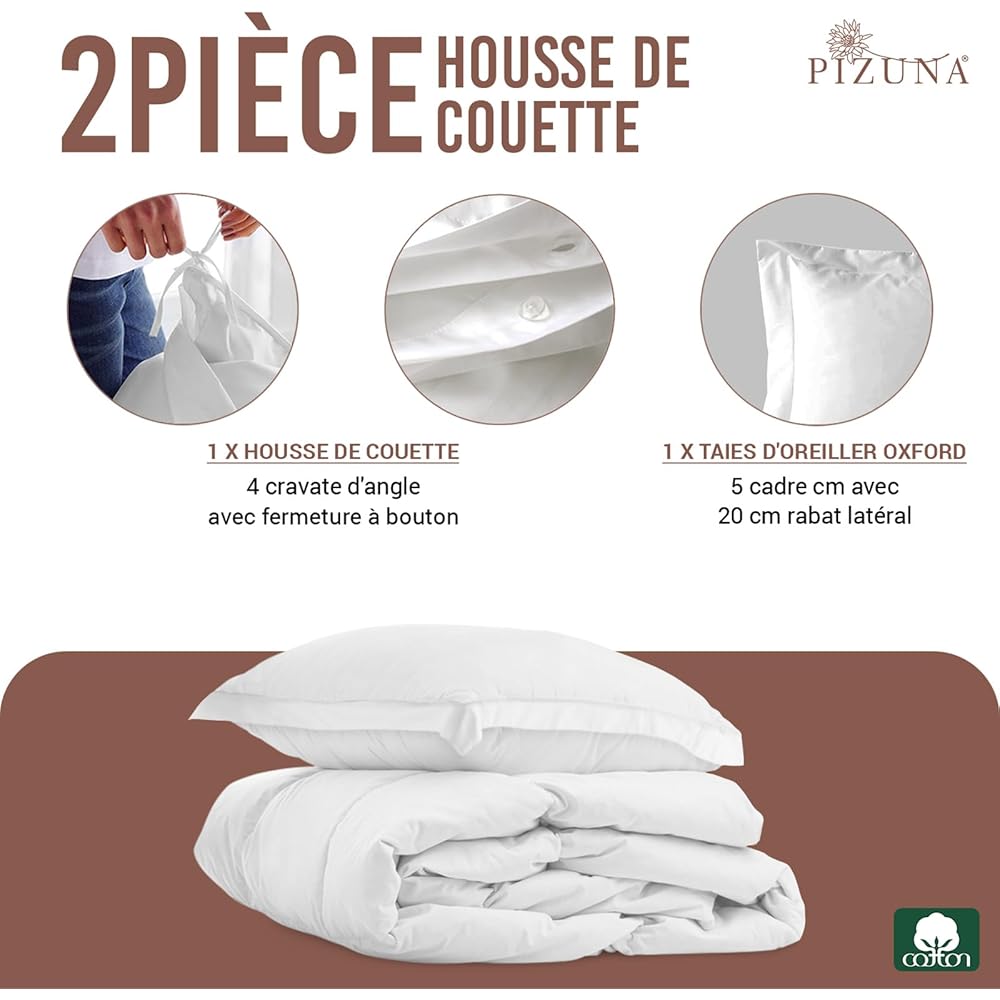 Pizuna Coton peigné Ensemble de Housse de Couette 140x200 cm 1 Personne Blanc, 100% Coton Longue Tige 400 Fils Armure Satin, Housse de Couette de Luxe avec Fermeture à Boutons Blanc : Cuisine et Maison