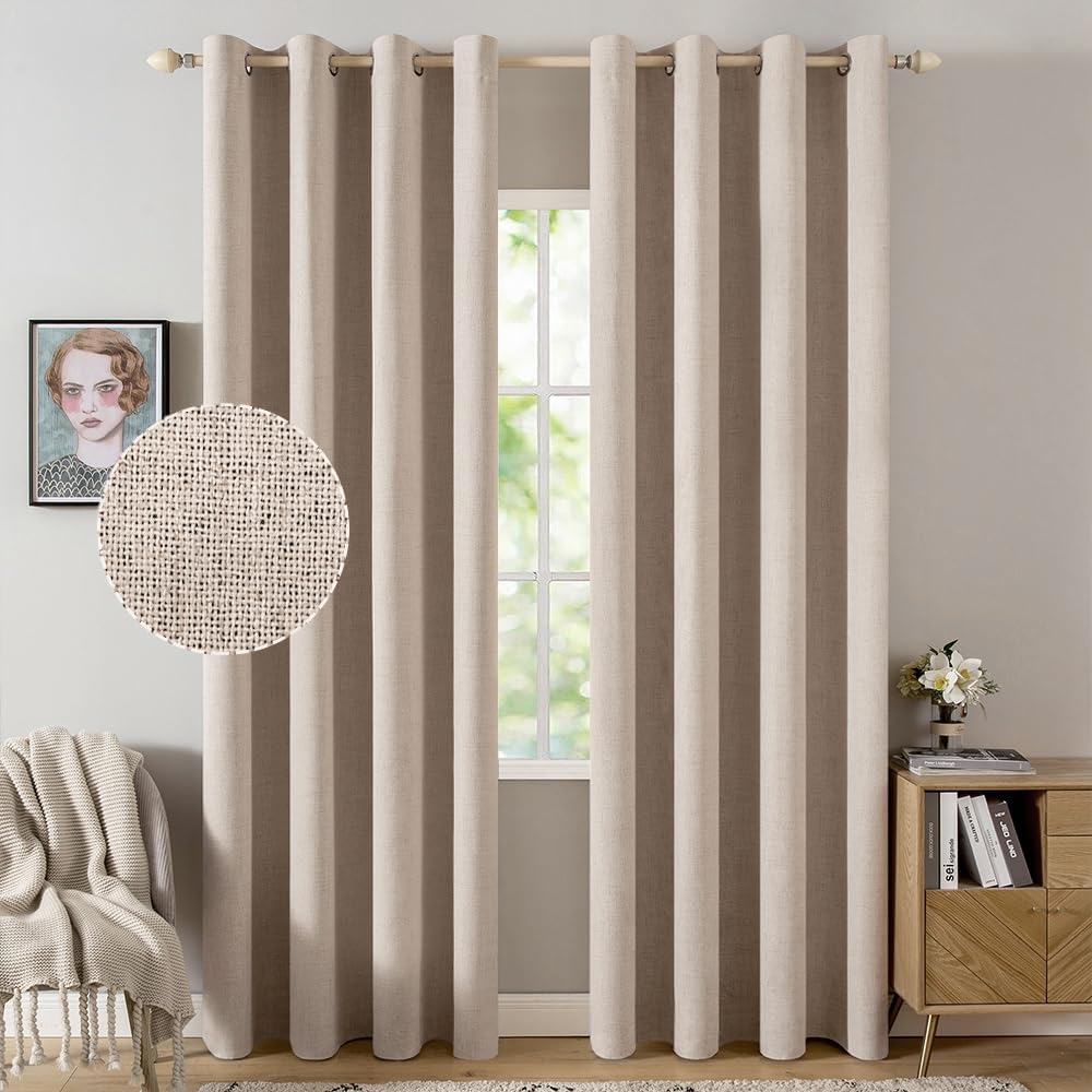 MIULEE Rideaux Opaques Isolants Thermiques avec Oeillets en Lin 100% Occultants - Protection Contre Le Froid pour Le Salon, Lot de 2, 140 x 260 cm, Beige : Cuisine et Maison