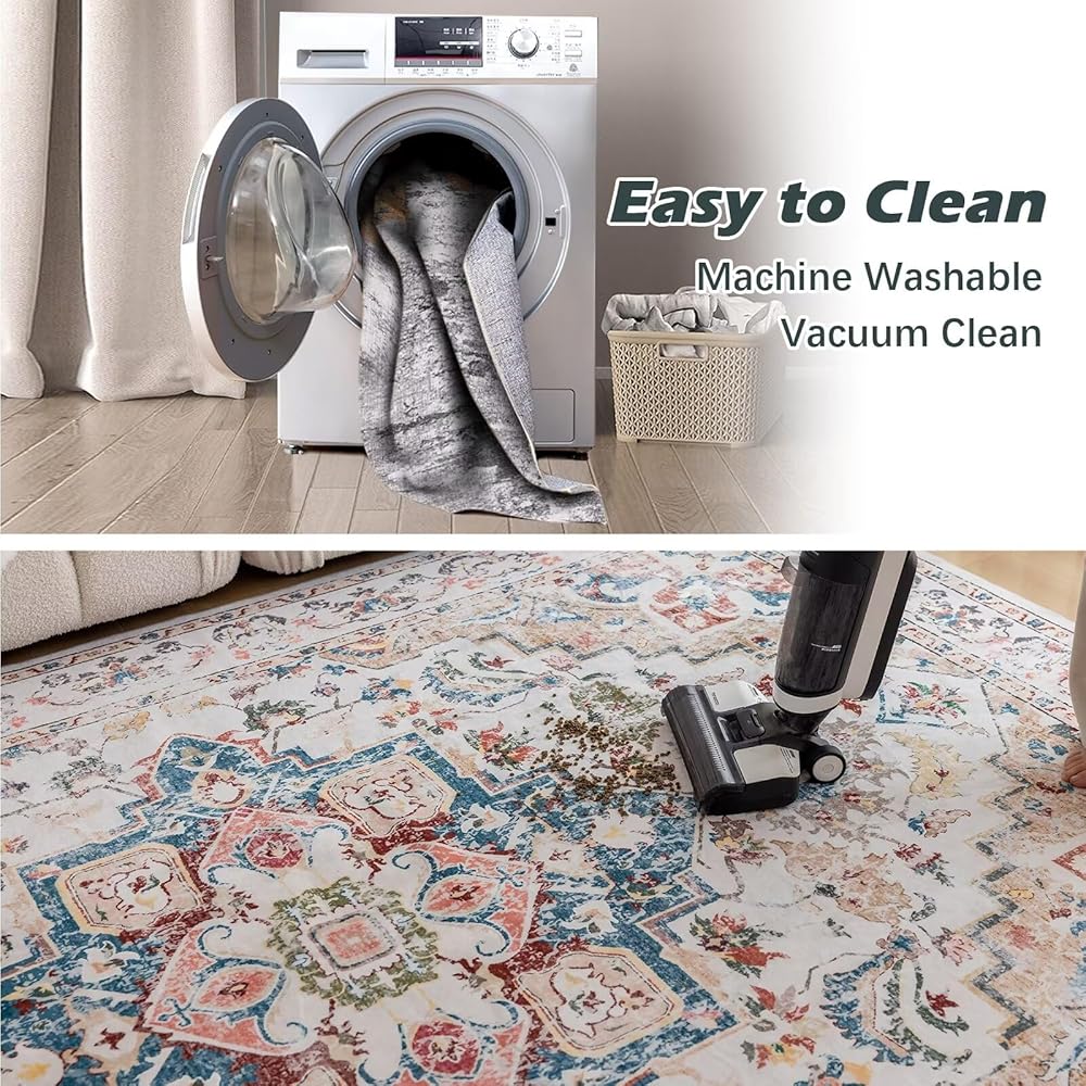 CHOSHOME Grand tapis vintage classique et antidérapant en fausse laine lavable en machine pour salon et chambre à coucher Beige 160 x 230 cm : Cuisine et Maison