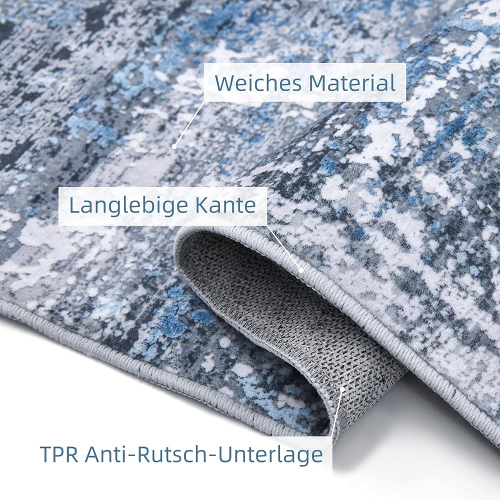 Guchuang Bedding Tapis de salon, 160 x 230 cm, bleu/gris, vintage, design abstrait, à poils courts, lavable, antidérapant, pour chambre à coucher : Cuisine et Maison