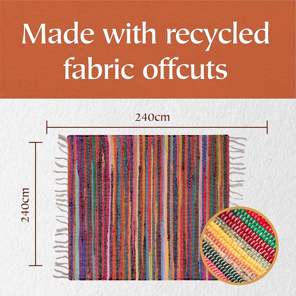 Second Nature Online - SHANTI Tapis multicolore | Tissé à la main | Respectueux de l'environnement : tissu 100 % recyclé | Source éthique | Tissage plat (240 cm x 240 cm) : Cuisine et Maison