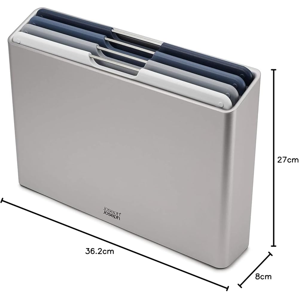 Joseph Joseph Folio - Ensemble de 4 Planches à découper de cuisine en plastique ,avec support de rangement organisé - Grand, Argent/Bleu : Cuisine et Maison