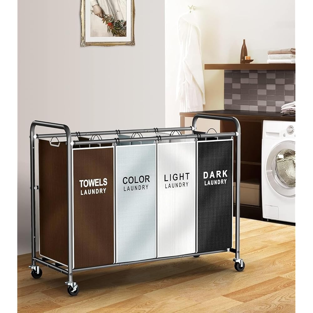 ROMOON Trieur à linge à 4 sections avec roulettes, panier à linge à roulettes avec grande capacité et sacs amovibles pour le rangement des vêtements, multicolore : Mode