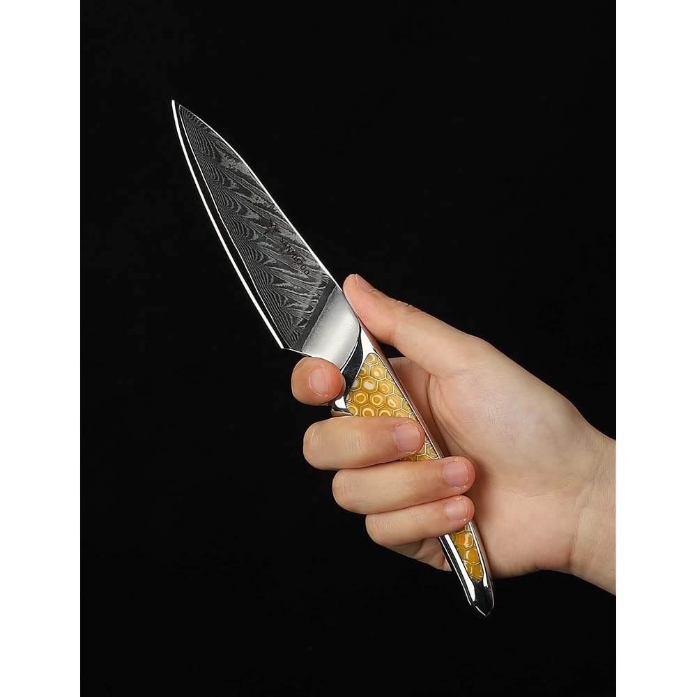 SANMUZUO Couteau d'office 9 CM, couteau de cuisine japonais en acier Damas VG-10, couteau à fruits ultra tranchant avec manche pleine soie en résine Jaune, série LA-S9 : Cuisine et Maison