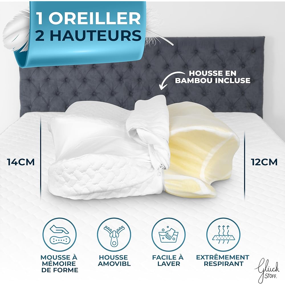 Glückstoff® Oreiller Ergonomique Cervical [pour Tous Les Types DE Sommeil] - Oreiller Ergonomique &amp; Orthopedique - Coussin Cervicales Douloureuses pour Dormir - Ergonomic Anti Ronflement &amp; Confort : Cuisine et Maison