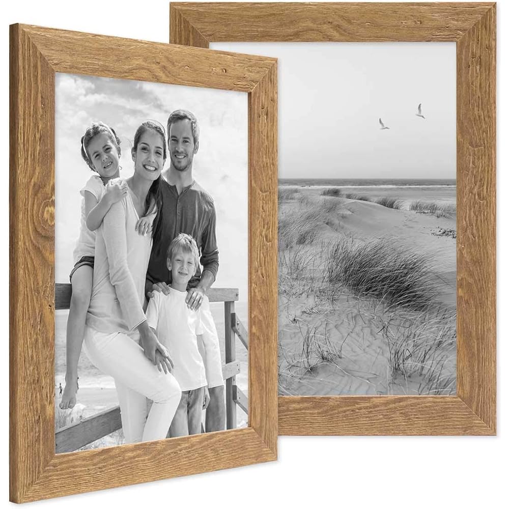 PHOTOLINI Cadres en bois 20 x 30 cm aspect chêne, lot de 2 cadres photo en bois véritable rustique, avec verre, à suspendre, avec accessoires - aspect naturel de bois flotté : Cuisine et Maison