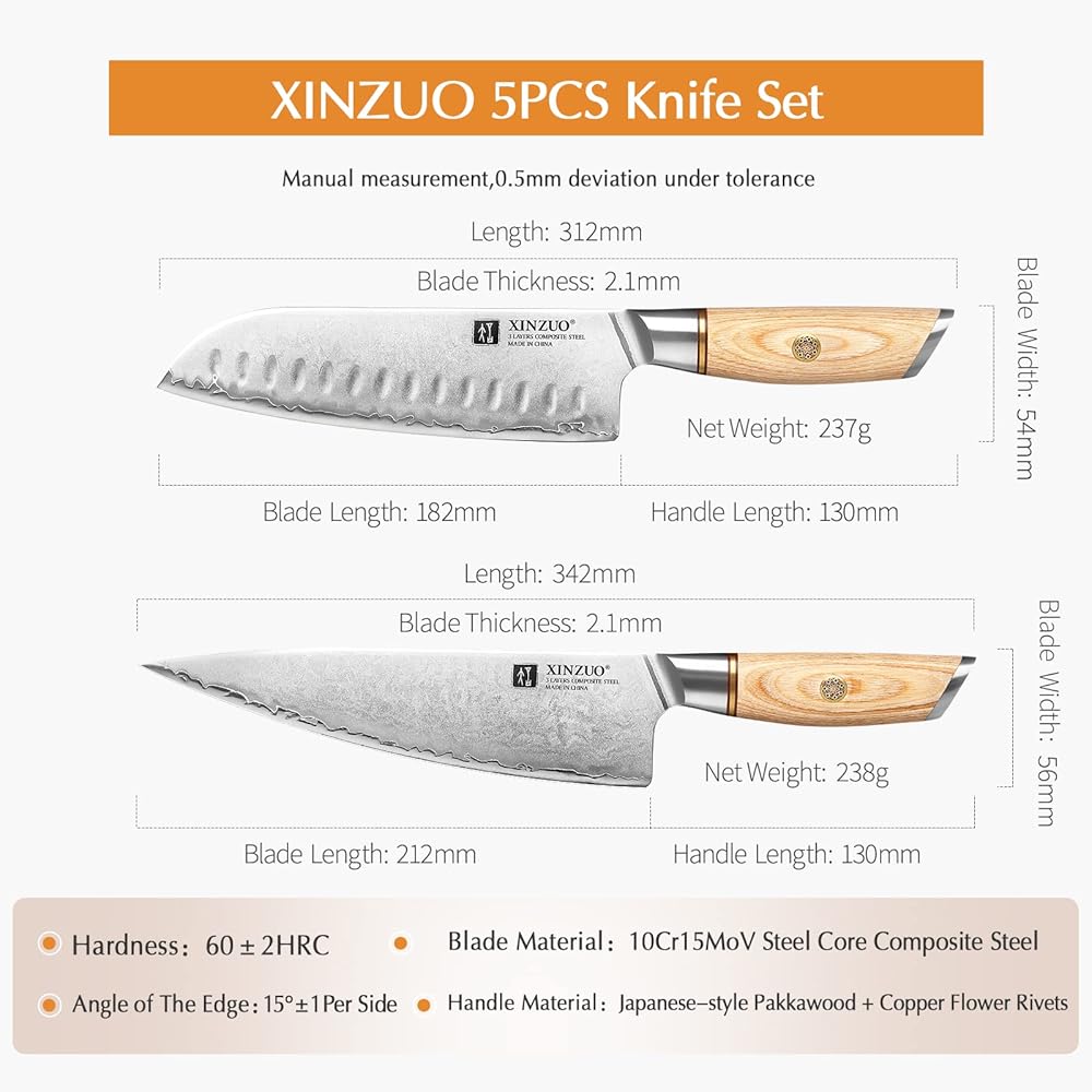 XINZUO 5 Pièces Set Couteaux de Cuisine en Acier Composite, Ensemble de Couteaux de Chef en 10Cr15CoMoV Acier Composé 3 Couches, Professionnel Tranchants Set Couteaux- Poignée en Bois Pakka : Cuisine et Maison