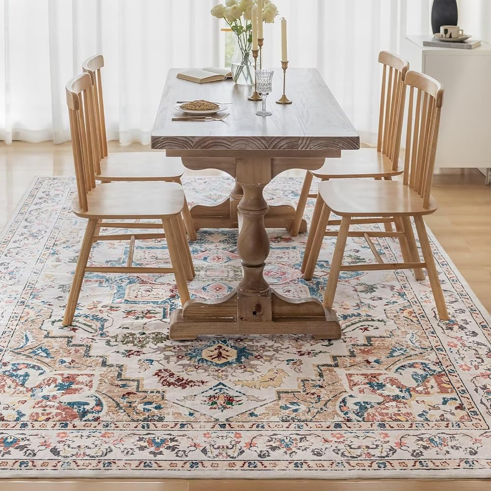 CHOSHOME Grand tapis vintage classique et antidérapant en fausse laine lavable en machine pour salon et chambre à coucher Beige 160 x 230 cm : Cuisine et Maison