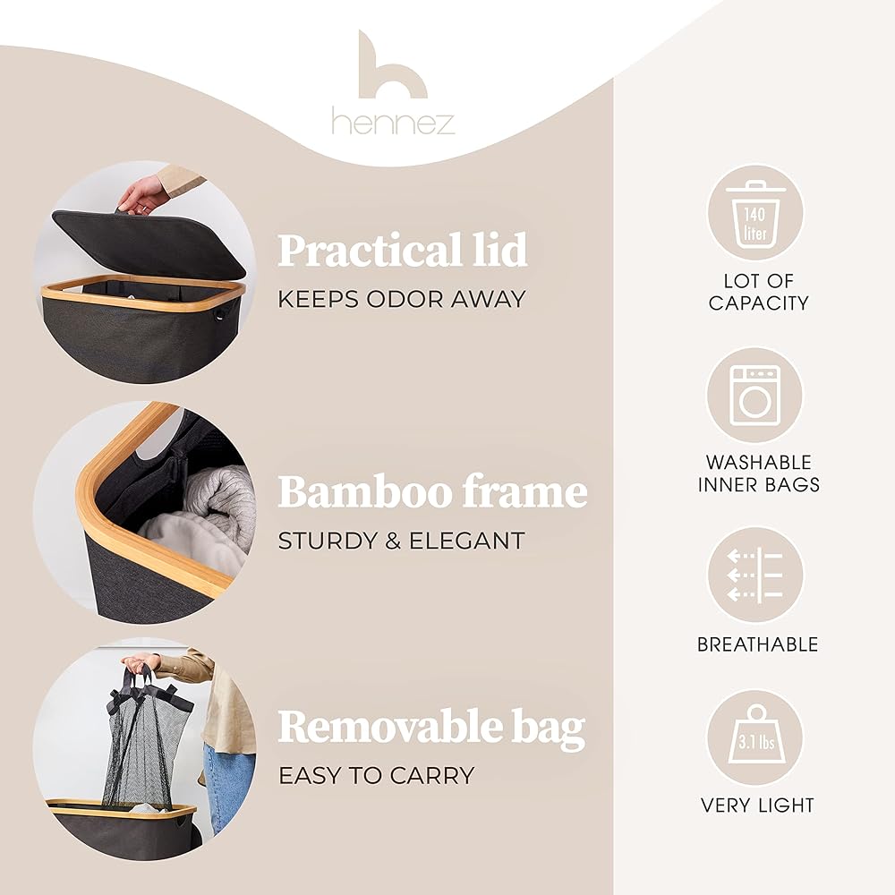 HENNEZ Panier à Linge Sale 140L - Panier a Linge 2 Compartiment - Bac a Linge Sale Pliable avec Couvercle, Poignée en Bambou - Corbeille a Linge pour Buanderie, Gris Fonce : Cuisine et Maison