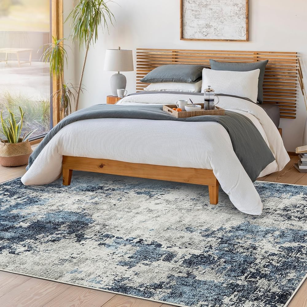 Guchuang Bedding Tapis de salon, 160 x 230 cm, bleu, antidérapant et lavable, design vintage chiné, estompé, à poils courts pour chambre à coucher : Cuisine et Maison