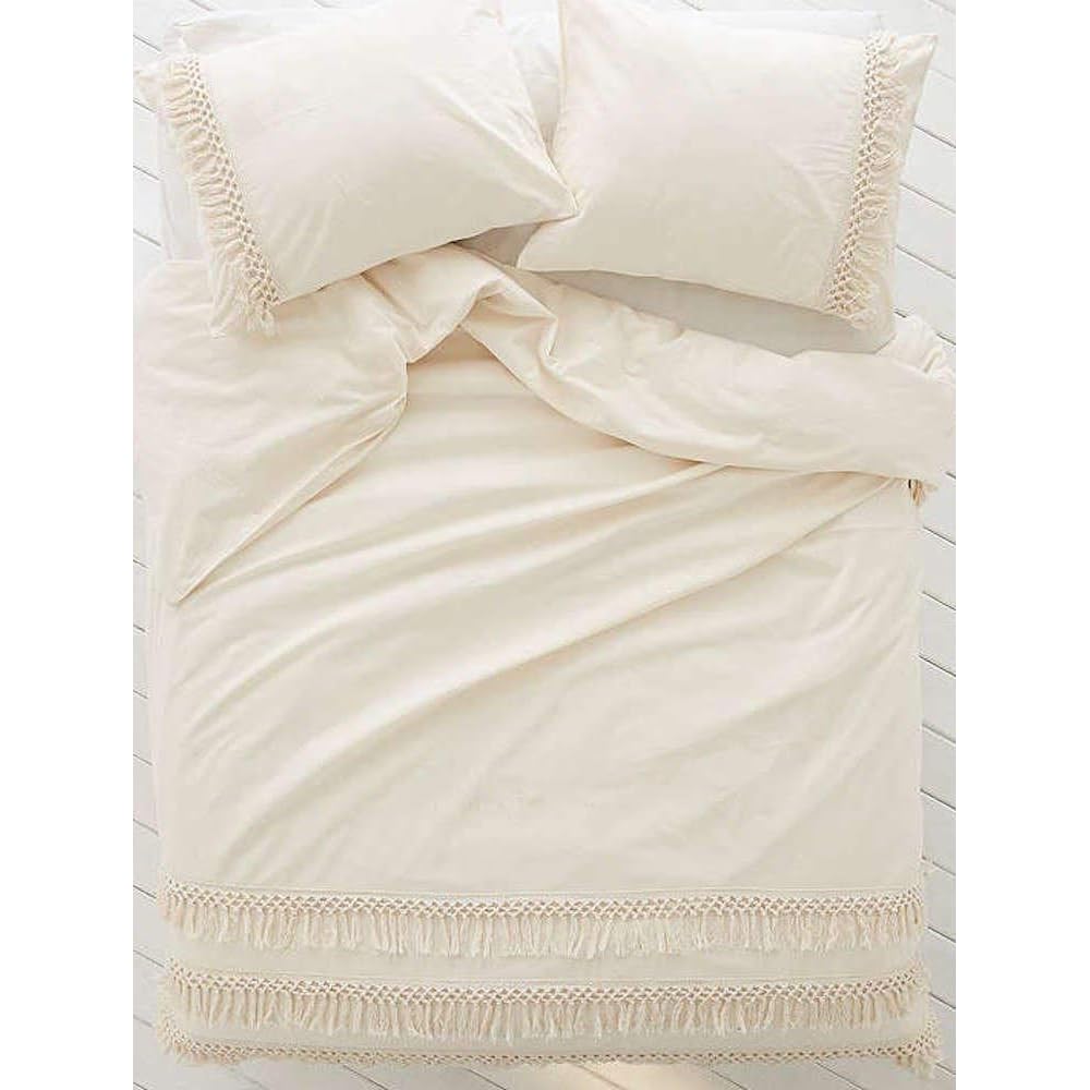 Parure de lit bohème avec housse de couette et 2 taies d'oreiller et 2 taies d'oreiller avec franges en dentelle Blanc cassé Lit double 200 x 200 cm : Cuisine et Maison