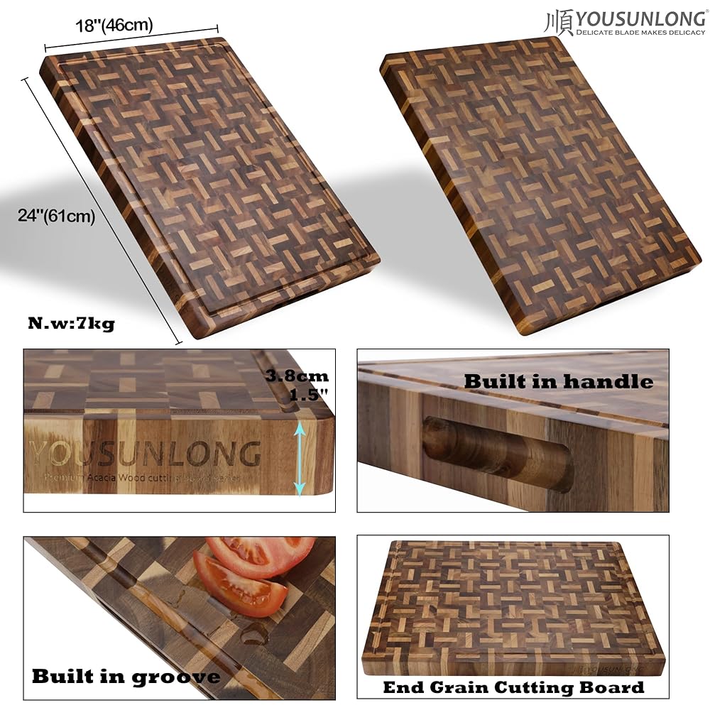 YOUSUNLONG Planche à découper XXL Grand Bois d'acacia mélangé à du chêne - 61x46x3.8 cm - Planche à découper réversible avec rainure à jus profonde et poignée - Planche à charcuterie : Cuisine et Maison