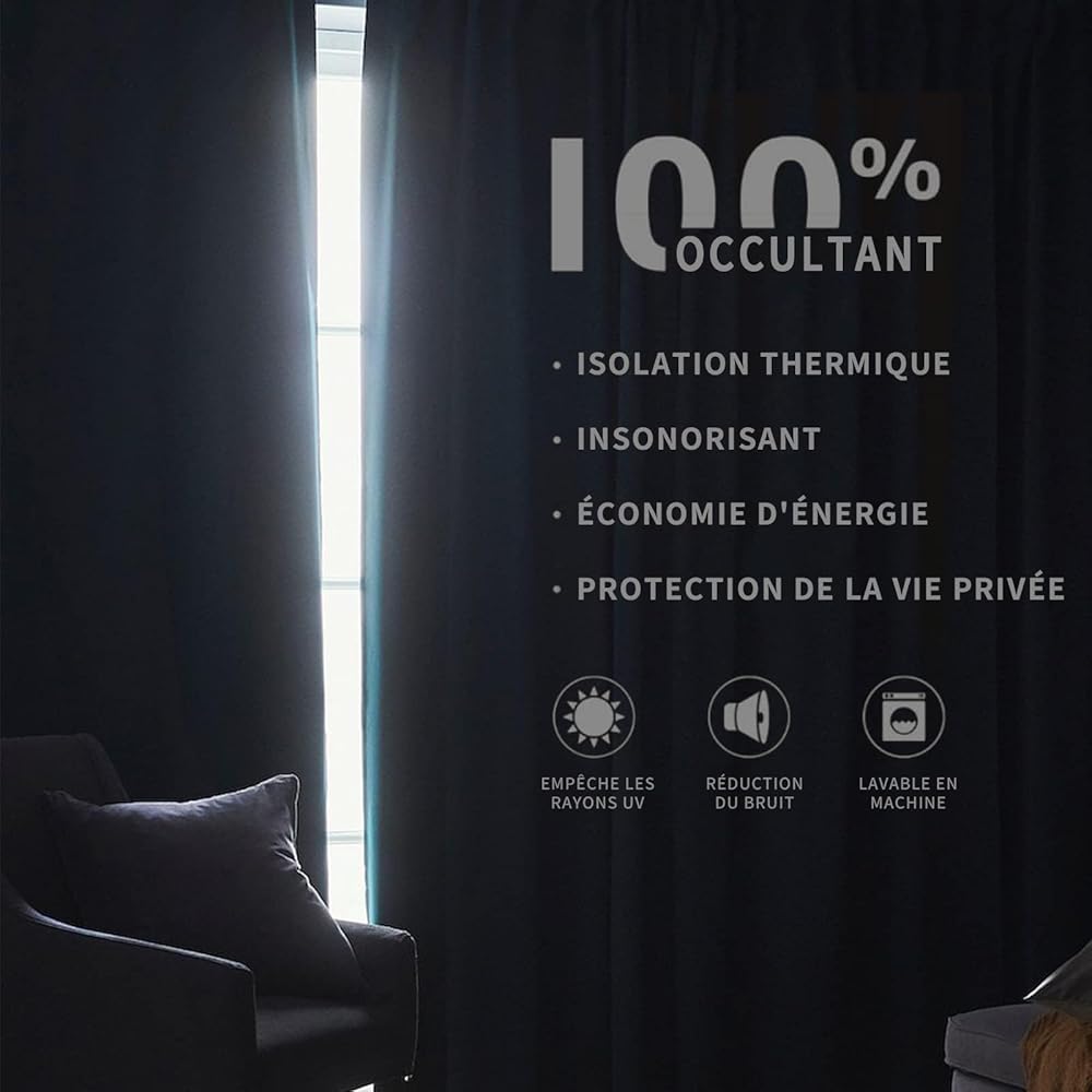 Joydeco 100% Rideau Occultant 2 Pièces, Lin Rideaux Thermique Isolant Anti Froid et Chaleur Opaque Lumiere à Languette Arrière et Passe TringleIsolation Anti Bruit UV Chambre Maison Salon : Cuisine et Maison