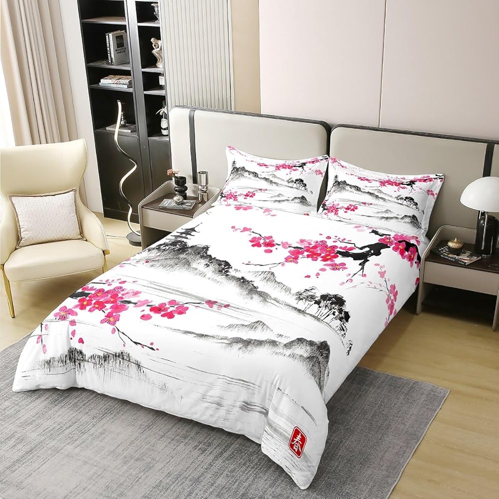Homemissing Fleurs de Cerisier Housse de Couette 100% Coton Style Japonais Literie Set 140x200cm Fleurs de Cerisier Parure de lit Chambre décor Floral Plantes Rose Literie Ensemble 2 pièces : Cuisine et Maison