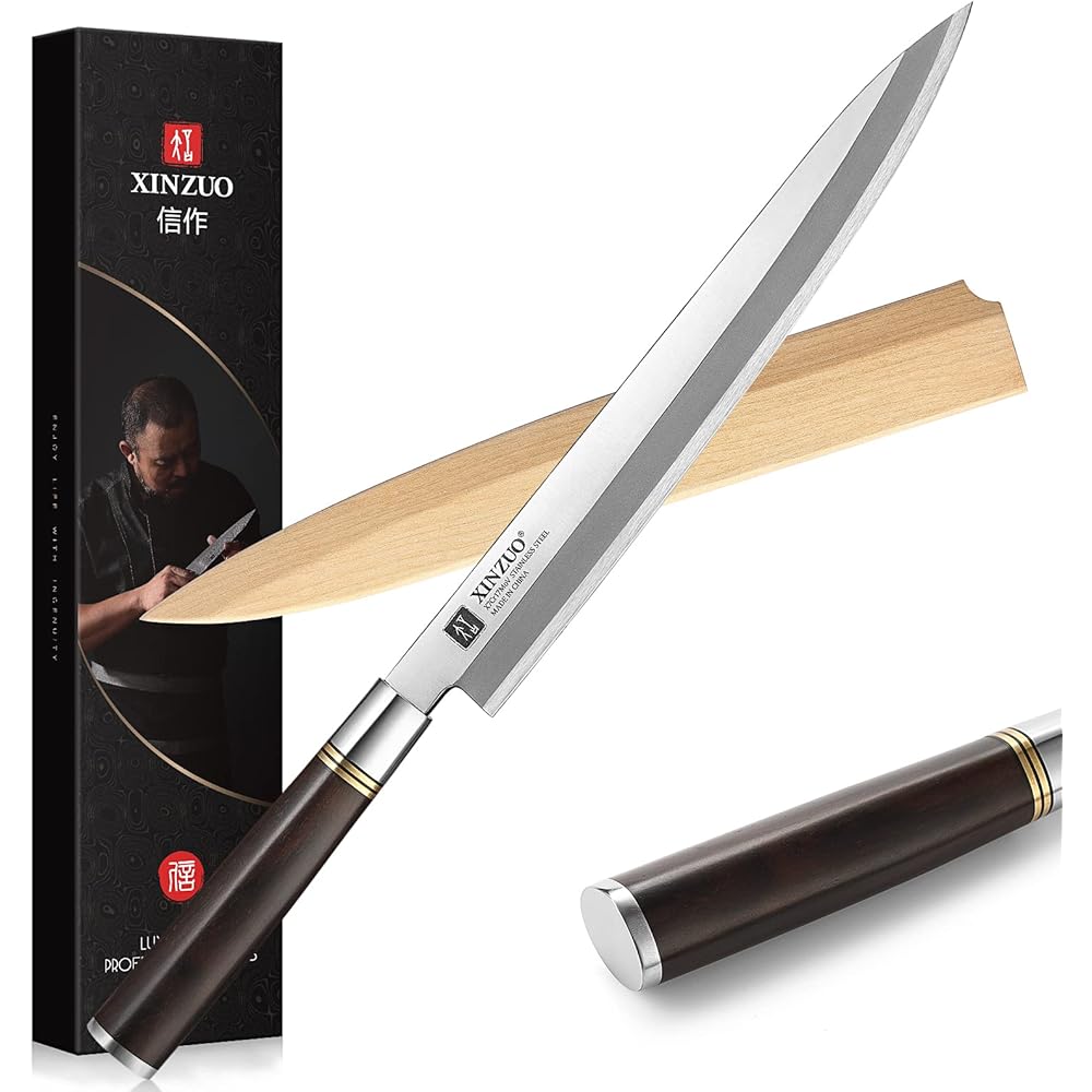 XINZUO 27cm Couteau Yanagiba X7Cr17MoV Acier Inoxydable, Professionnel Sushi Sashimi Couteau Cuisine Trancher, Lame Biseautée Unique, Ébène Manche en Bois -Fourreau en Bois de Bouleau : Cuisine et Maison