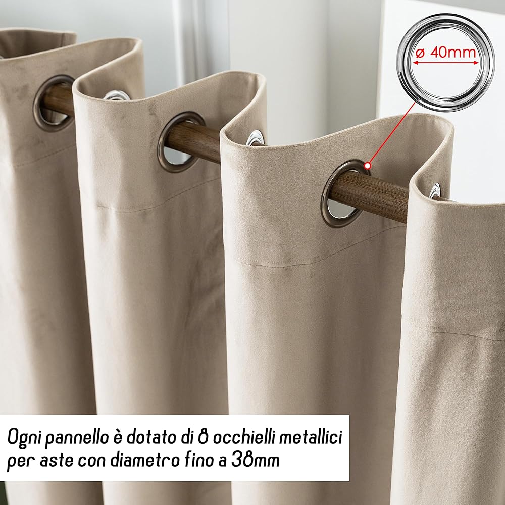 GIRASOLE HOME Paire de rideaux Adélaïde doux occultants thermiques en velours 2 panneaux de 140 x 220 cm avec œillets, taupe : Cuisine et Maison