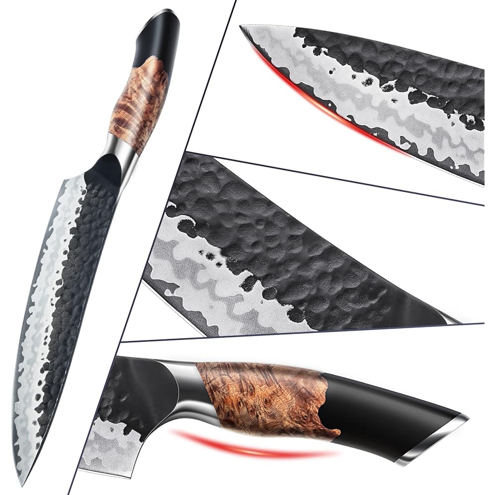 SHAN ZU Couteau Japonais Forgé à la Main, Couteau de Cuisine 20 cm, 7 Couches Couteau de Chef Tranchant en Acier au Carbone de Haute Qualité, Couteau Professionnel Gyuto avec Manche en Nois d'érable : Cuisine et Maison