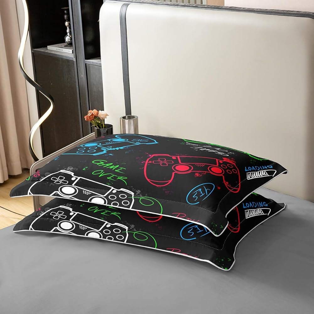 Homewish 100% Coton Biologique, Garçon Housse de Couette 220x240 Manette de Jeux, Ensemble de Literie Réversible pour Console de Jeux, Parure de Lit Jeux Vidéo, Couvre-Lit Joystick Jeux, Noir : Cuisine et Maison