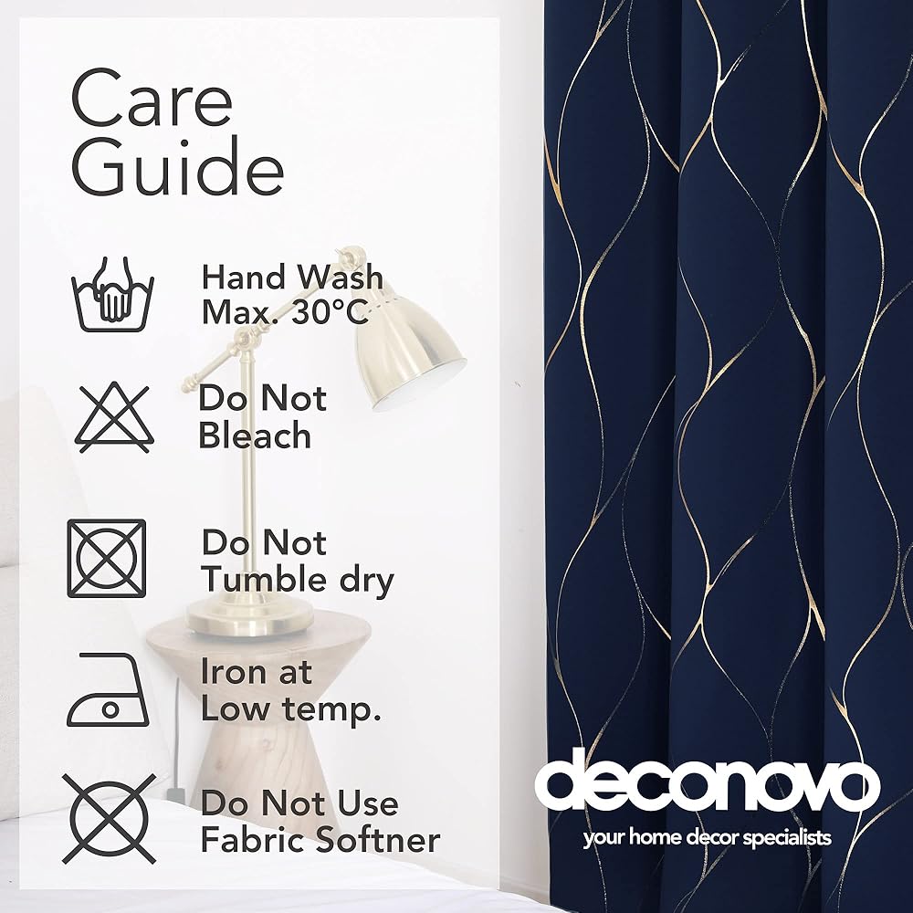 Deconovo Lot de 2 Rideau à Oeillets Chambre Fille Motifs Ligne Dorée Rideaux Thermique Anti Froids Occultant Isotants 132x160cm Bleu Marine : Cuisine et Maison