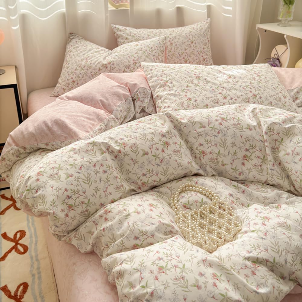 Covebett Housse de Couette Coton 220x240 Rose et Blanc Fleurie Floral Feuilles Parure de Lit 3 Pièces Adulte 2 Personnes Doux Coton Linge de lit avec Fermeture Éclair et 2 Taie d'oreiller 65x65cm : Cuisine et Maison