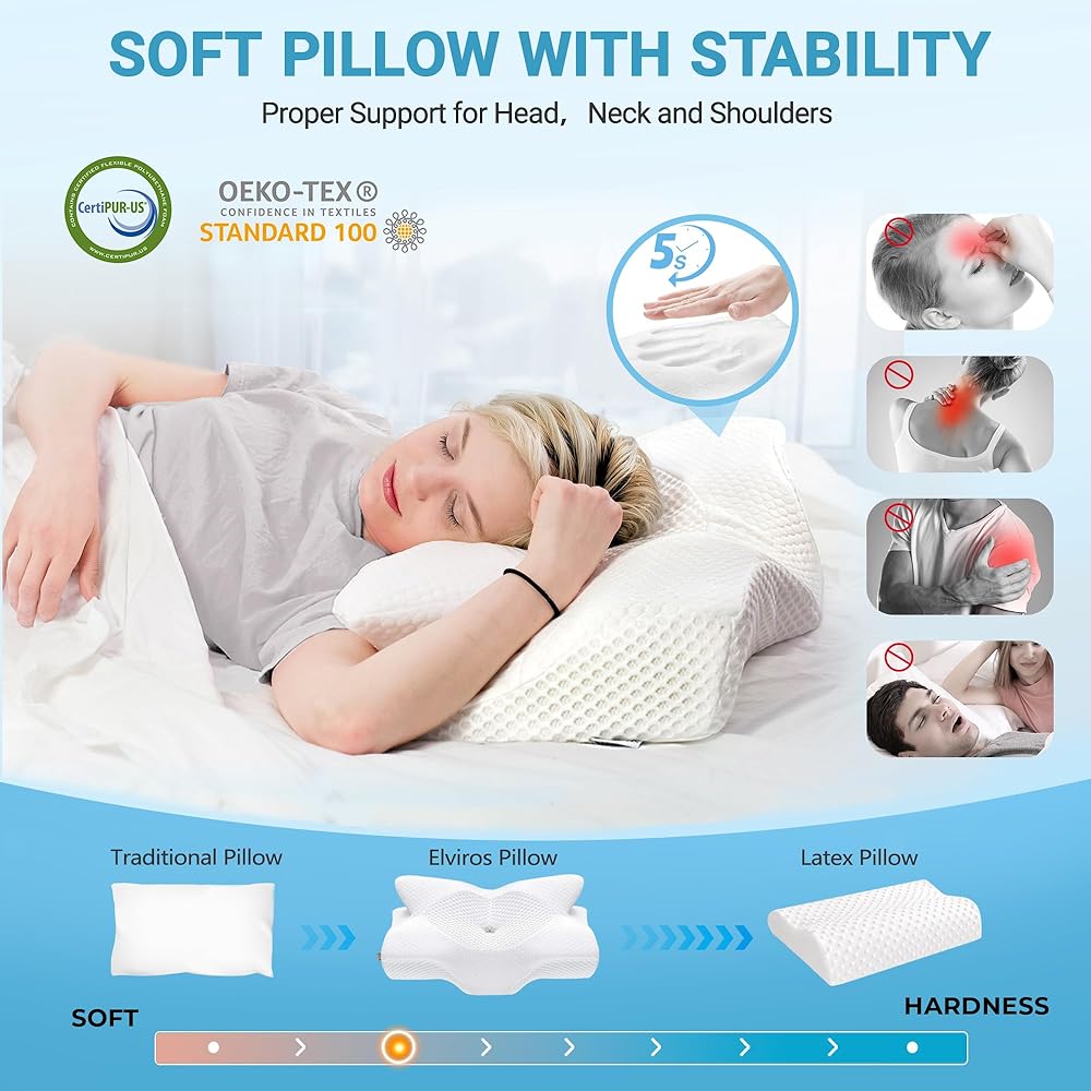Elviros Oreiller Ergonomique Cervical, Oreillers Mémoire de Forme, Oreillers Ergonomiques pour la Nuque, Oreiller Orthopédique Anti Douleur, Décontracter Les Muscles, 64 x 12,5/10,5 x 38 cm, Blanc : Cuisine et Maison