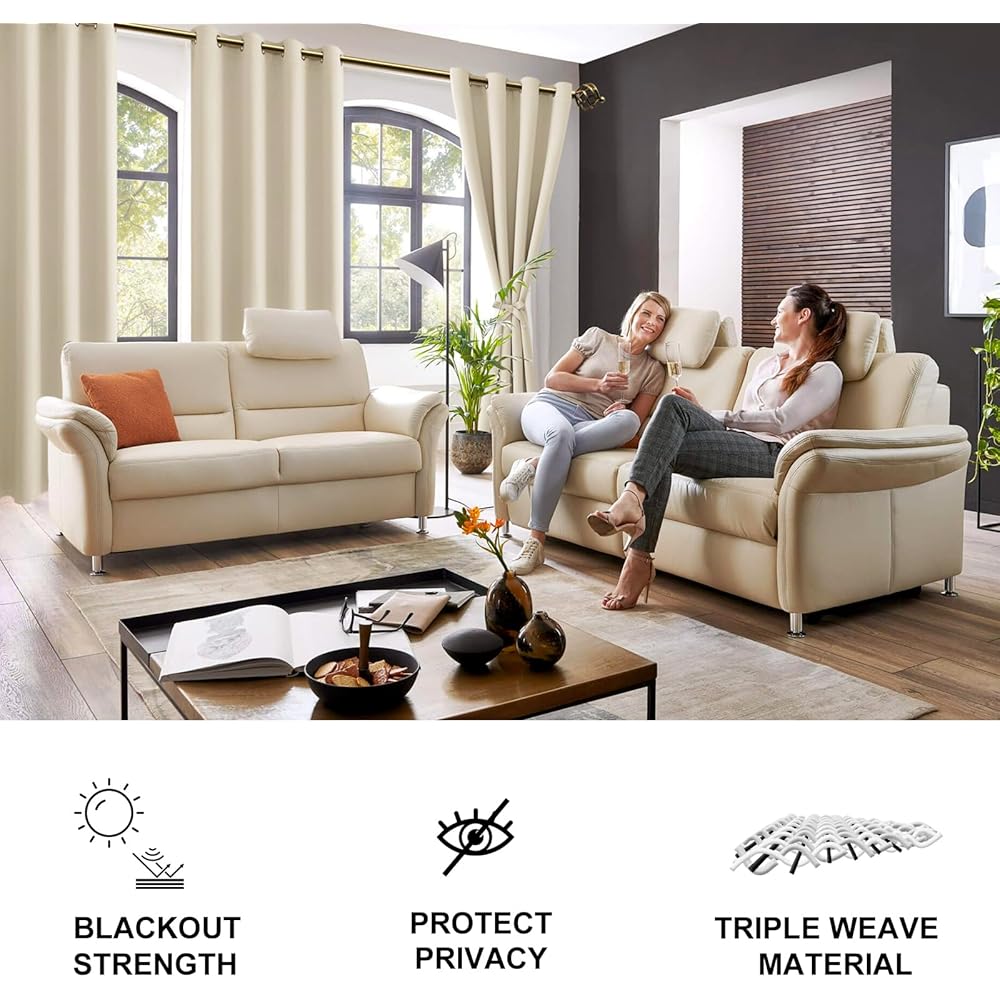 JIUZHEN Rideaux Occultants Rideau Thermique Isolant Anti Chaleur Lot de 2 Rideaux à Oeillets Isolation Lumiere Anti UV pour Chambre Maison Salon 167x228cm(LxH Beige : Cuisine et Maison