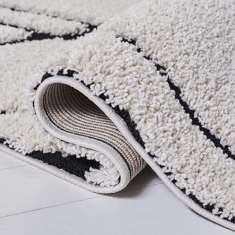 Safavieh Tapis Shag pour Salon, Salle à Manger, Chambre à Coucher - Florida Shag Collection, Tapis à Poil Long, Crème et Noir, 122 x 122 cm : Cuisine et Maison