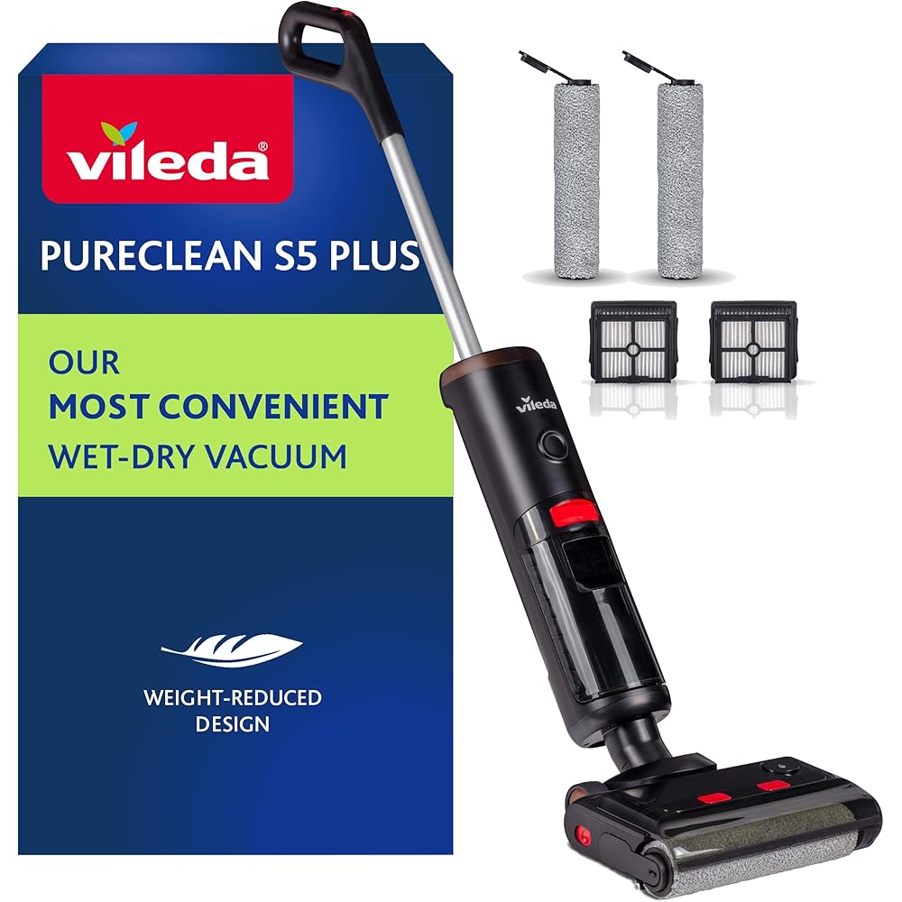 Vileda PureClean S5 Plus, Aspirateur Laveur sans Fil, Aspirateur Sec et Humide, Nettoyeur de Sol Intelligent sans Fil, Auto-Nettoyant, Accessoires supplémentaires (2 Rouleaux et 2 filtres au Total) : Cuisine et Maison