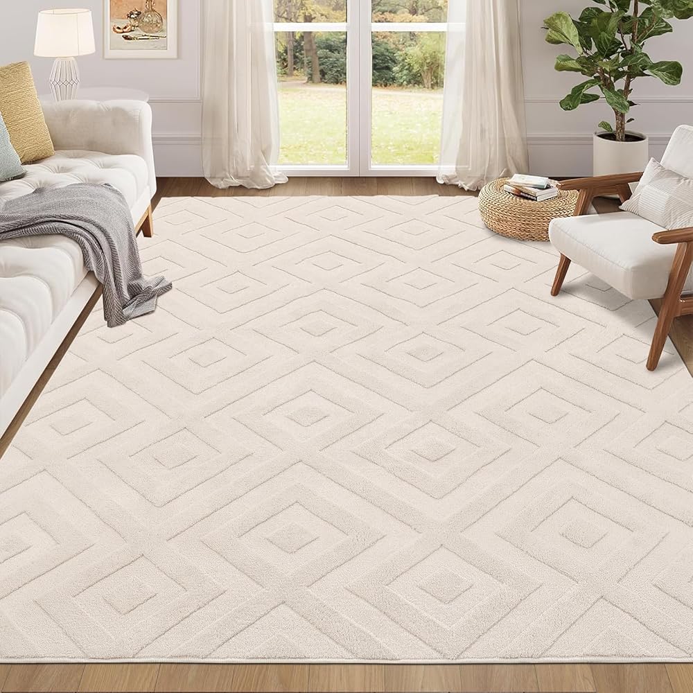 Enyhom Grand tapis géométrique doux lavable en machine pour chambre à coucher - Design moderne - Antidérapant et résistant aux taches - Pour cuisine, salle à manger, salon (crème, 140 x 200 cm) : Cuisine et Maison