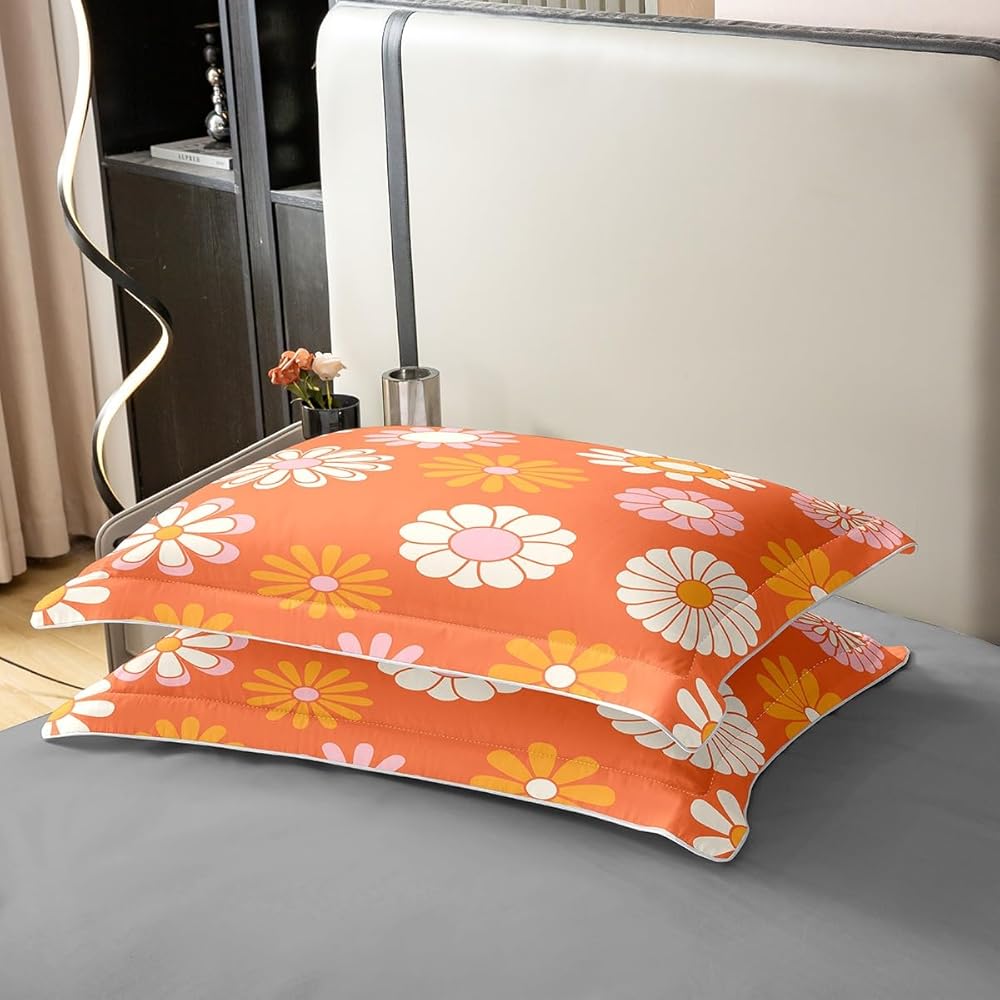 Homemissing 60s 70s Groovy 100% Coton Housse de Couette 220x240cm Vintage Hippie Fleurs Literie Vintage bohème Plantes Fleurs Parure de lit Coton Housse de Couette Blossom Orange Literie Ensemble : Cuisine et Maison