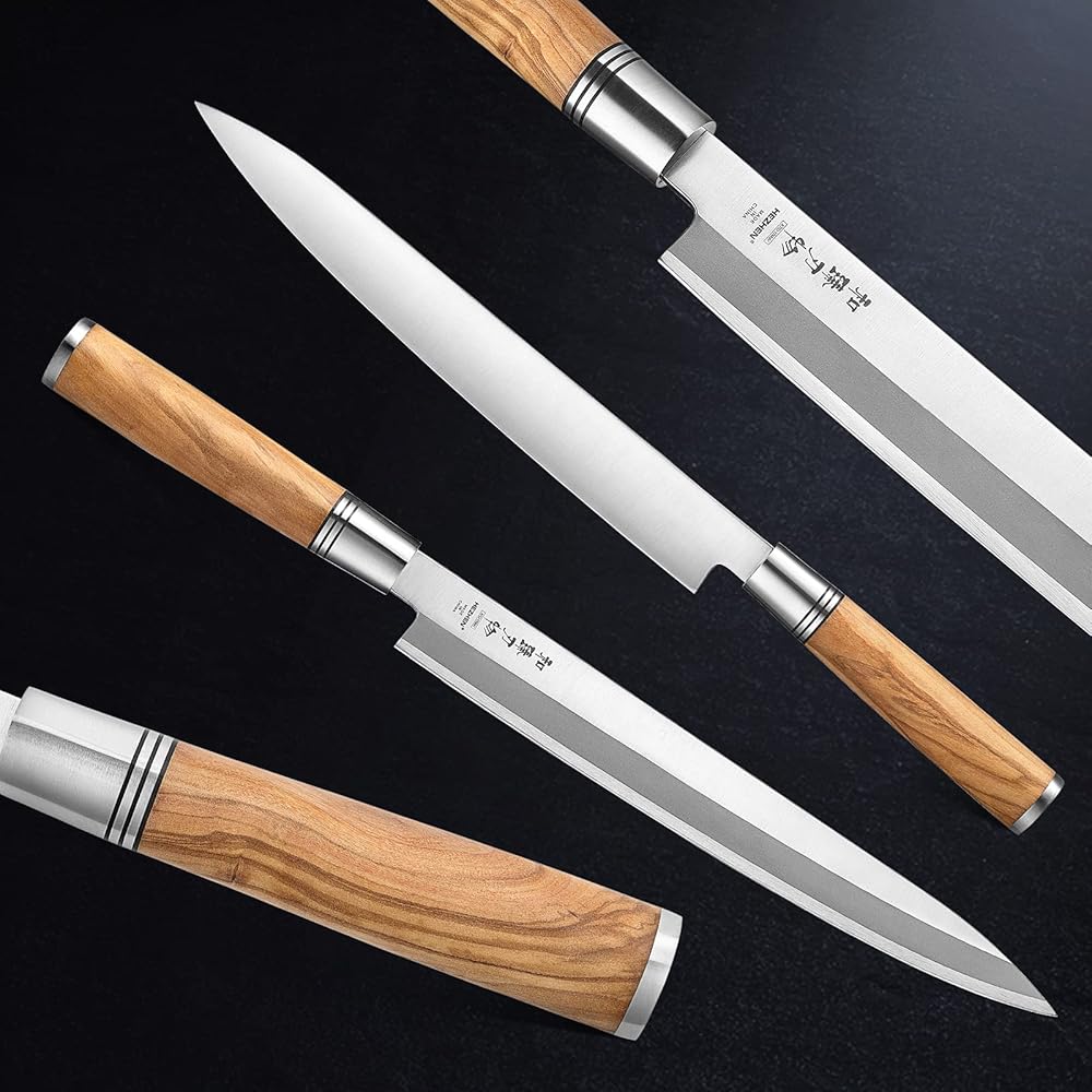 HEZHEN Couteau Sashimi 27CM,Style Japonais Forger l'acier Yanagiba Couteau,Couteau à Sushi Filetage,Manche en Bois D'olivier Gaine de Couteau en Bois : Cuisine et Maison