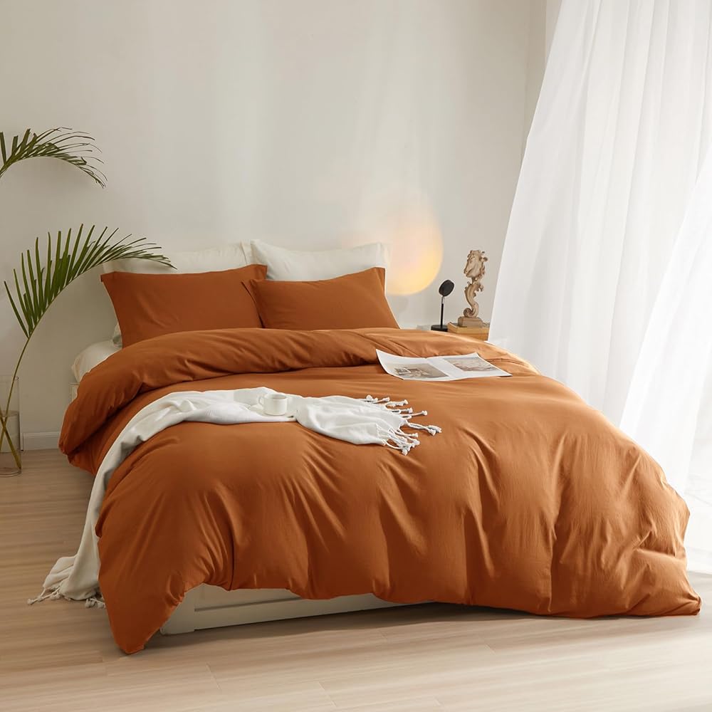 Parure de lit exclusive 3 pièces en terre cuite, orange brûlé doux et rouille – Grand lit (228,6 x 228,6 cm) avec fermeture éclair et 2 taies d'oreiller – Parure de lit en microfibre pour l'automne : Cuisine et Maison