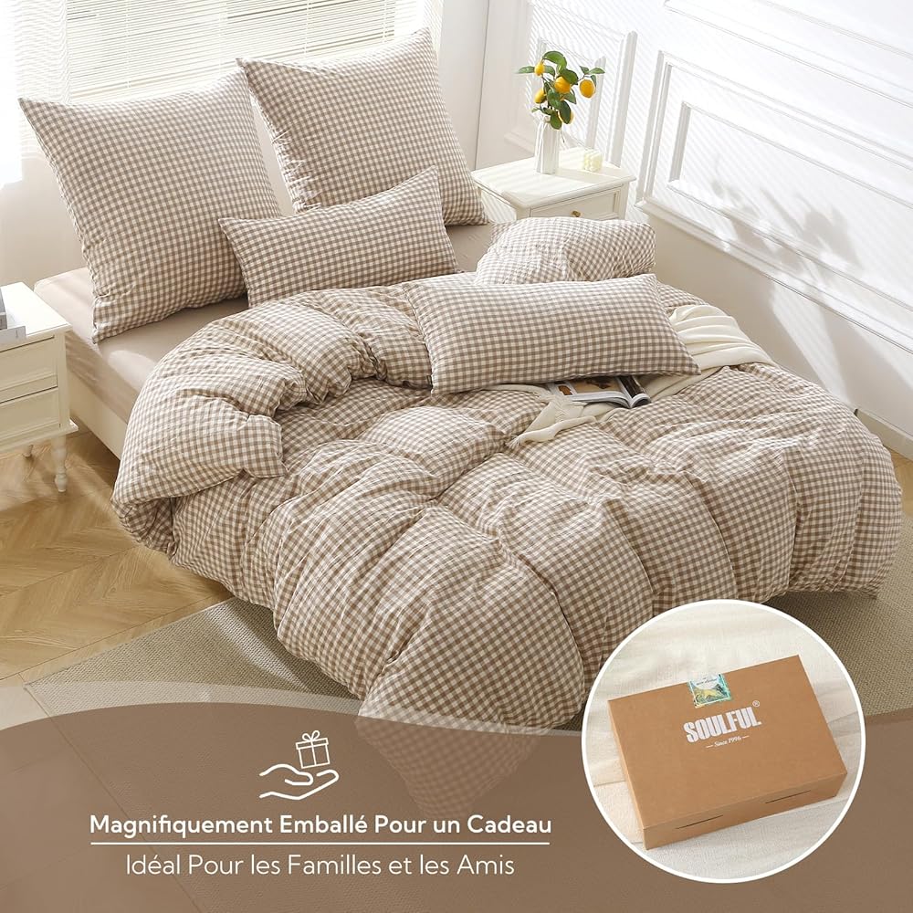 SOULFUL Housse de Couette 240x260 Coton à Carreaux, Beige Parure de Housse de Couette avec Fermeture Éclair, Certifié Oeko-TEX, Parure de Lit 2 Personne 240x260 Coton avec 2 Taie d'oreiller 65x65 cm : Cuisine et Maison