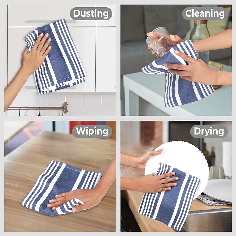 Urban Villa Serviettes de Cuisine, Rayures Tendance, torchons 100% Coton, Coins à onglets, (Taille: 51X76 cms), Serviettes de Bar et torchons très absorbants Bleu Indigo/Blanc - (Lot de 6) : Epicerie