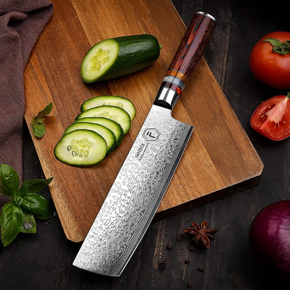 FANTECK Couteau de Cuisine Nakiri en Acier Damas de 67 Couche, Japonais de 18 cm, Professionnel, Manche en Bois de Pakka : Cuisine et Maison