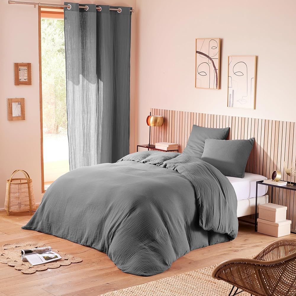 UNIVERSDECOR Parure de Couette Gaze de Coton 240 x 220 pour lit 2 Places 140 à 160 cm (Ardoise) : Cuisine et Maison