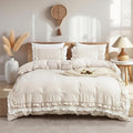 Sedefen Volants Romantique Parure de Lit 240 x 260cm Beige Housse de Couette 3 Pièces Bohémien Microfibre Parure de Lit Adulte avec Feuille de Lotus + 2 taie d'oreiller 65x65cm Avez Fermeture Éclair : Cuisine et Maison