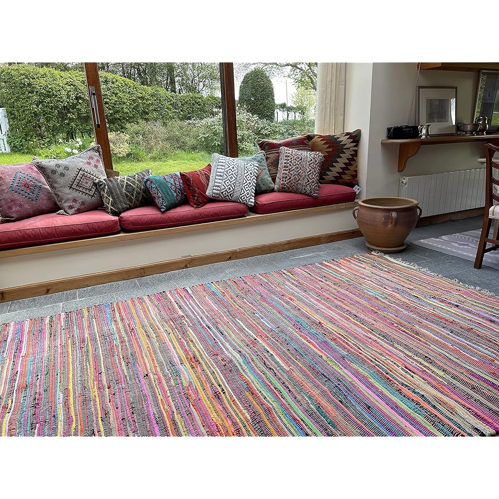 Second Nature Online - SHANTI Tapis multicolore | Tissé à la main | Respectueux de l'environnement : tissu 100 % recyclé | Source éthique | Tissage plat (240 cm x 240 cm) : Cuisine et Maison