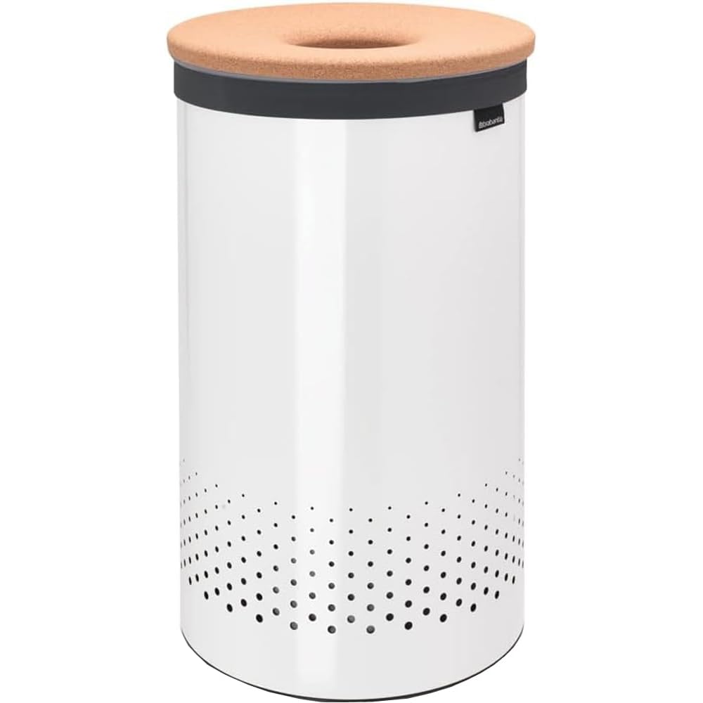 Brabantia - Corbeille à Linge - Couvercle en Liège - Portable Sac à Linge - Corbeille avec des Orifices de Ventilation - Pas de Rayures - Matériaux Durables Résistants à la Corrosion - Blanc - 60 L : Cuisine et Maison
