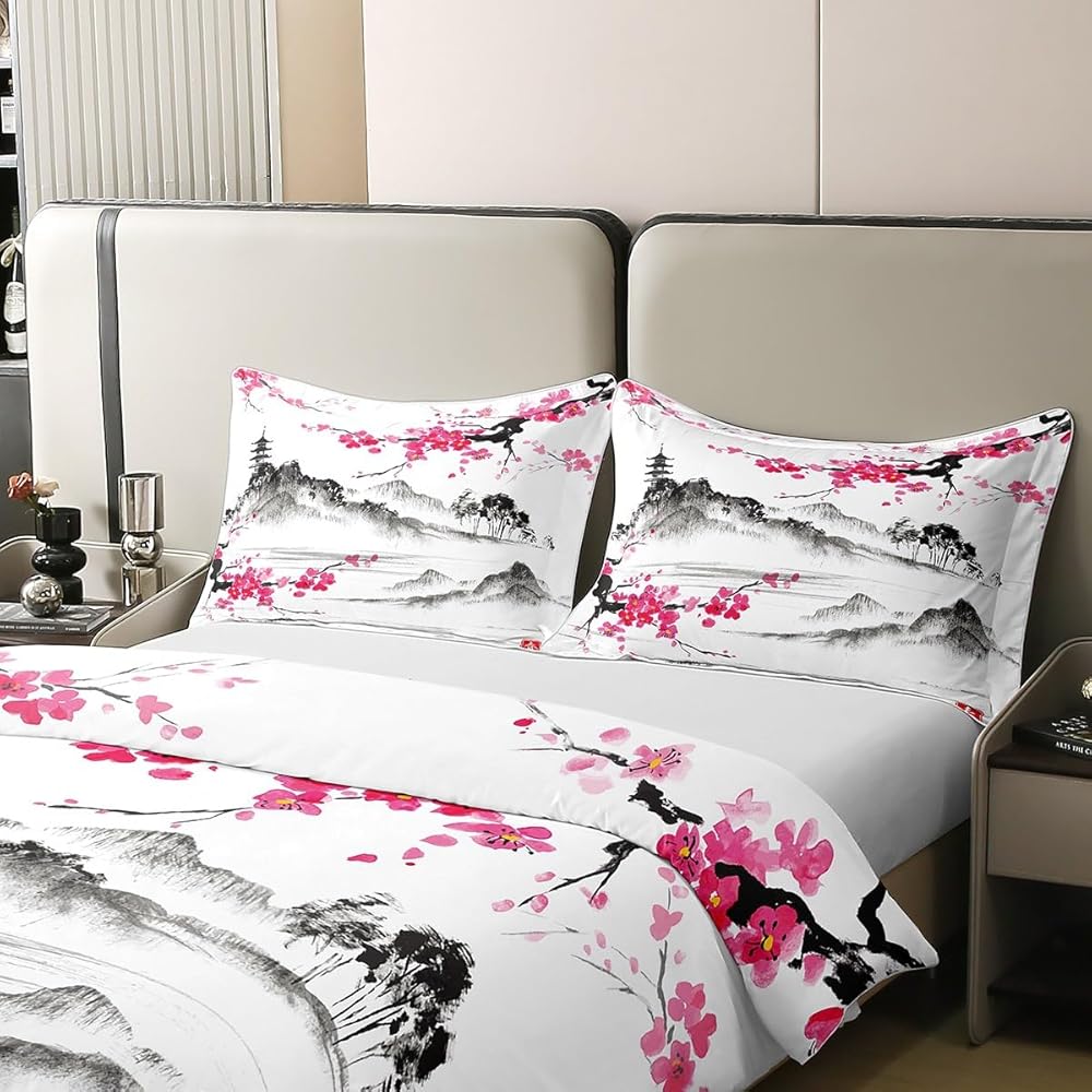 Homemissing Fleurs de Cerisier Housse de Couette 100% Coton Style Japonais Literie Set 140x200cm Fleurs de Cerisier Parure de lit Chambre décor Floral Plantes Rose Literie Ensemble 2 pièces : Cuisine et Maison