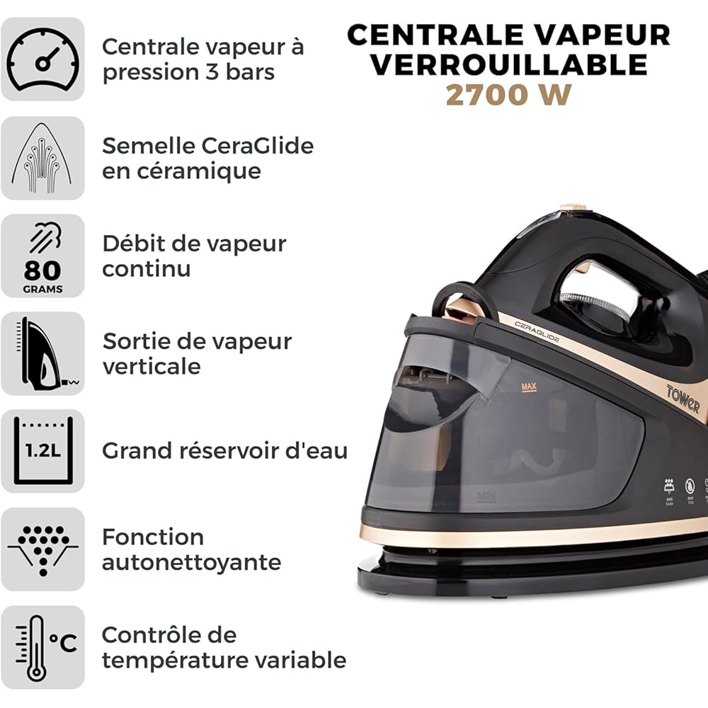Tower T22023GLD Centrale Vapeur - Fer à Repasser Centrale Vapeur - Centrale Vapeur à Fil CeraGlide avec Bouton Steam Shot, 3 Réglages de Température - 1,2 L - 2 700 W - Champagne Doré et Noir : Cuisine et Maison
