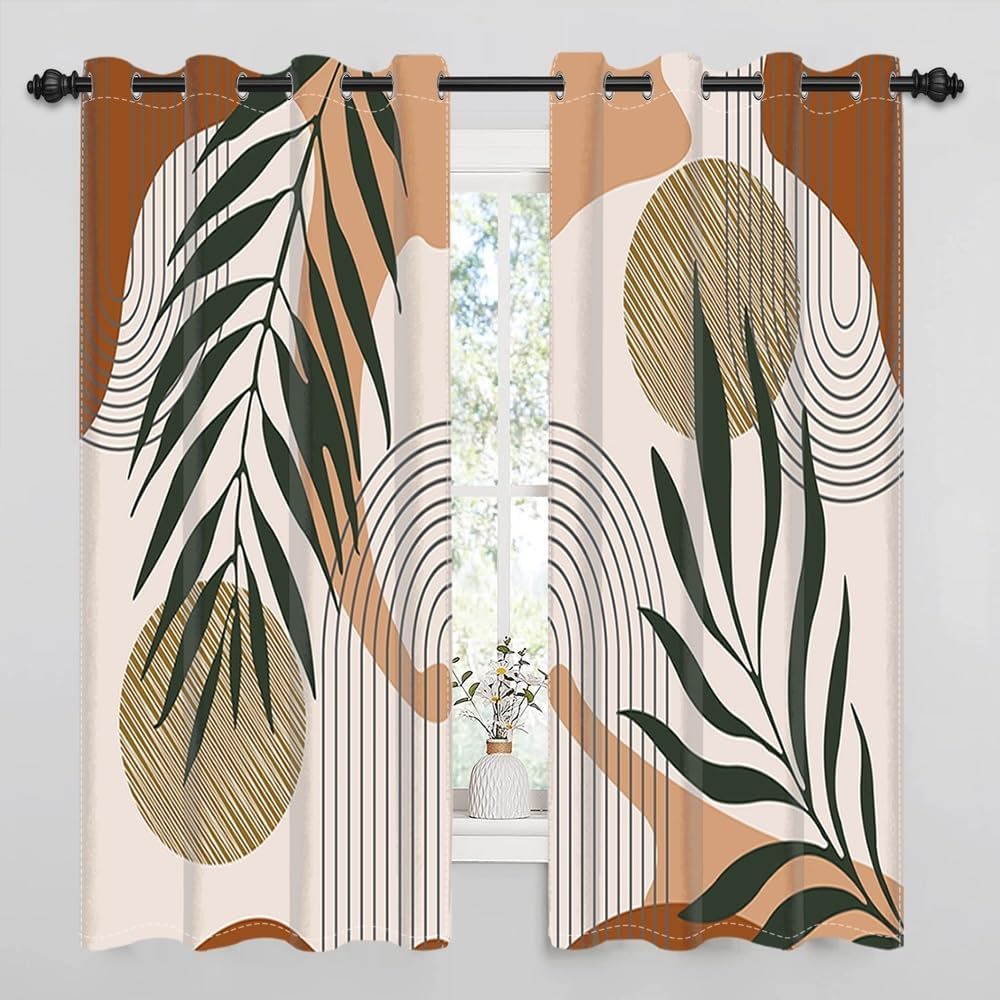 Uiiooazy Rideaux Occultant Abstrait, Rideaux Occultant Boho Terracotta Feuilles Vert Rideaux Thermiques Isolant Anti Froid et Chaleur Rideaux À Oeillets pour Chambre Cuisine Fenêtre, 2 PCS, 140x200cm : Cuisine et Maison