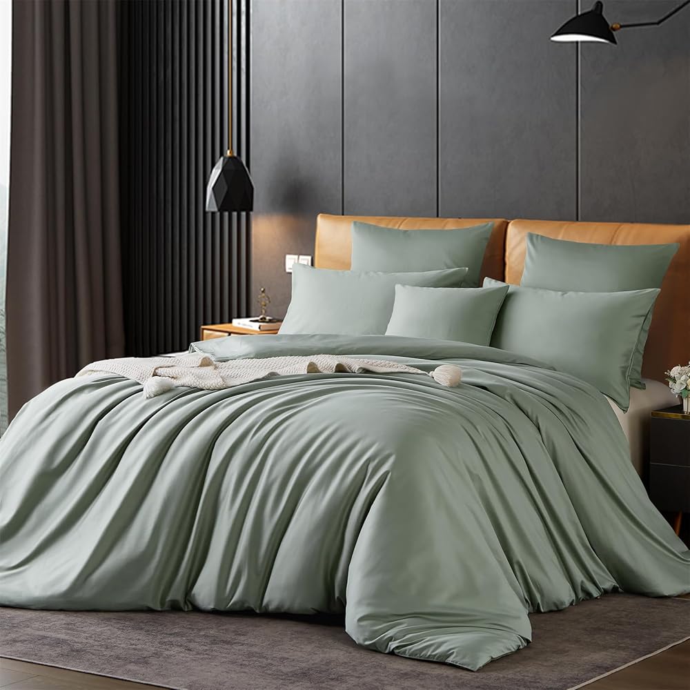 Gezu Housse de Couette en Satin de Coton 220x240cm Vert 100% Coton Parure de Lit 2 Personne Naturel Coton à Longues Fibres Moderne Doux Linge de Lit avec Fermeture Éclair avec 2 Taies d'oreiller 65x65 : Cuisine et Maison