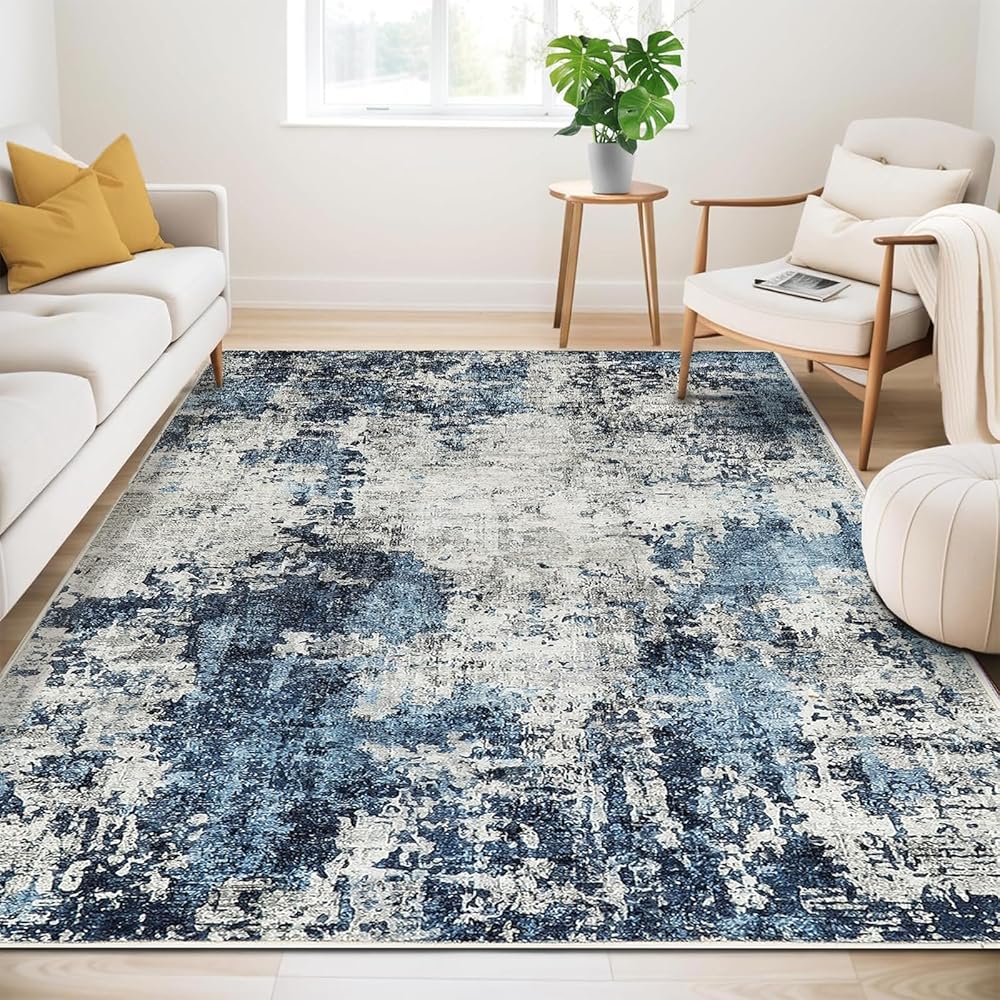 Guchuang Bedding Tapis de salon, 160 x 230 cm, bleu, antidérapant et lavable, design vintage chiné, estompé, à poils courts pour chambre à coucher : Cuisine et Maison