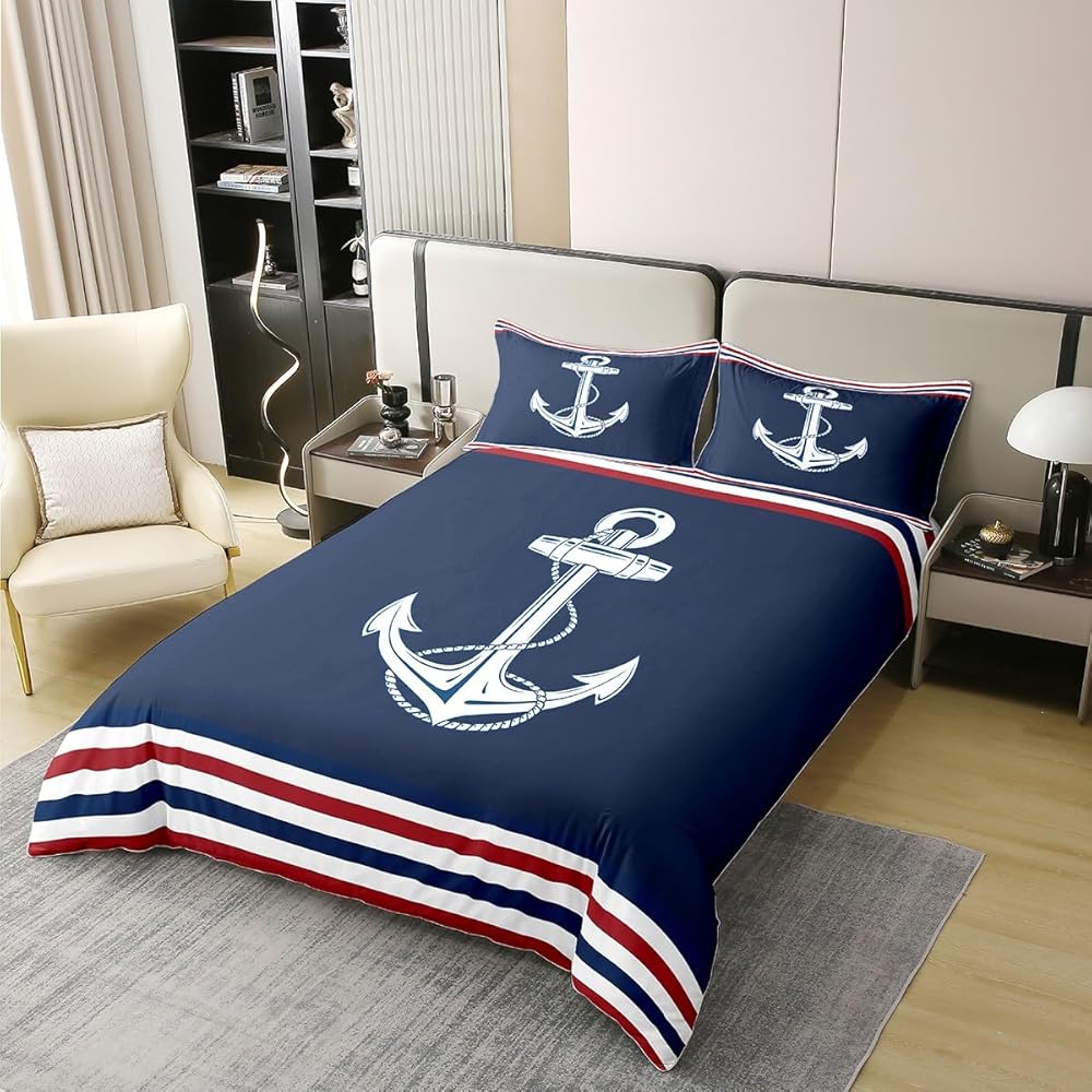 Homemissing Ancre Literie Set Marine Bleu 100% Coton Housse de Couette 200x200cm Femmes Ultra Doux Aventure Marine Parure de Lit océan Ensemble de lit Chambre Ensemble de Literie : Cuisine et Maison