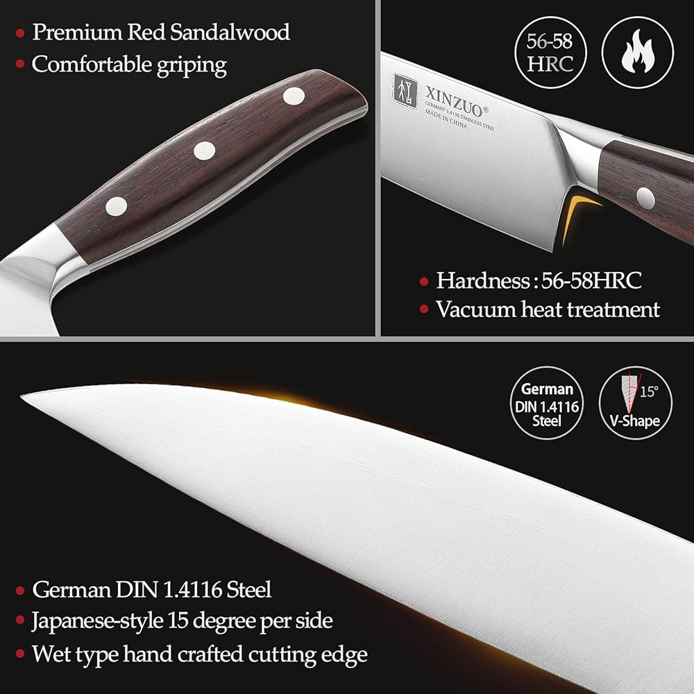 XINZUO 5 Pièces Set Couteaux de Cuisine en Acier Inoxydable 1.4116 Allemand,Professionnel Acier à Haute Teneur en Carbone Couteau de Chef Santoku Trancher Universel Fruits, Red Sandalwood Poignée : Cuisine et Maison